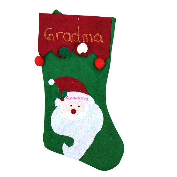RED/GREEN SANTA CHRISTMAS STOCKING "GRADMA" EMBELLISHED ON TOP SIZE-16" - Picture 1 of 4
